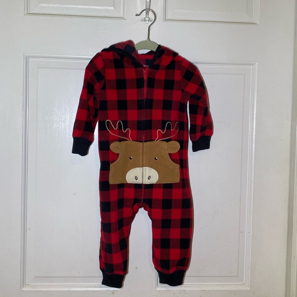 Hooded Red Buffalo Check Plaid Onesie Jumper w/ Moose / Deer 9mo